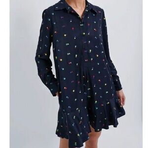 NEW Tuckernuck Floral Embroidered Mini Shirt Dress Navy Sheen Sz M Preppy Chic
